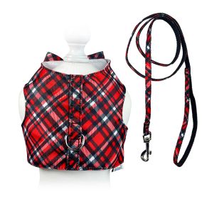 Red Plaid Harness Vest with Matching Leash (Color: Red, size: S)