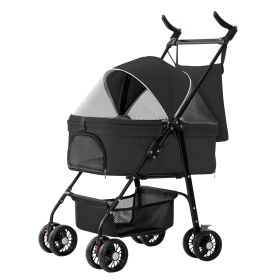 Foldable 4 Wheels Pet Stroller with Removable Liner Storage Basket (Option: Black)