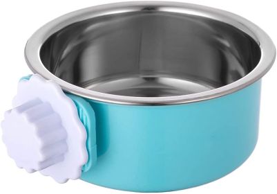 Removable Hanging Food Stainless Steel Water Bowl Cage Bowl for Dogs and Small Animals (Color: Blue)