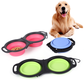 Folding Double Bowl Portable Pet Bowl (Color: Blue)